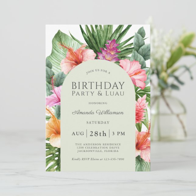 Invitación Fiesta de cumpleaños floral tropical exuberante y  (Anverso de pie)