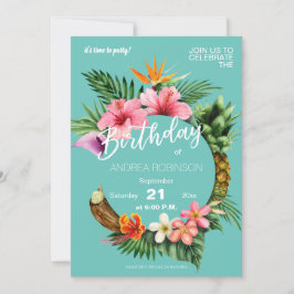 Invitación Fiesta de cumpleaños floral tropical hawaiana azul