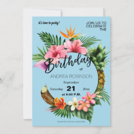 Invitación Fiesta de cumpleaños floral tropical hawaiana azul