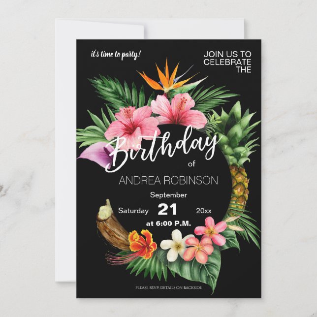 Invitación Fiesta de cumpleaños floral tropical hawaiana - Ne (Anverso)