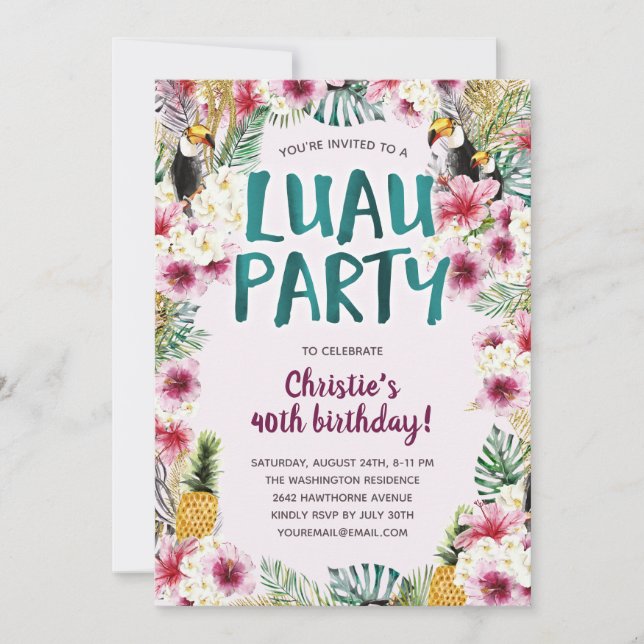 Invitación Fiesta de cumpleaños floral tropical Luau (Anverso)