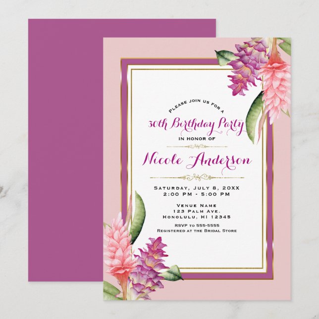 Invitación Fiesta de Cumpleaños Floral Tropical Orquídea Rosa (Anverso / Reverso)