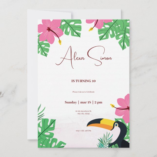 Invitación fiesta de cumpleaños floral tropical verde y rosa  (Anverso)