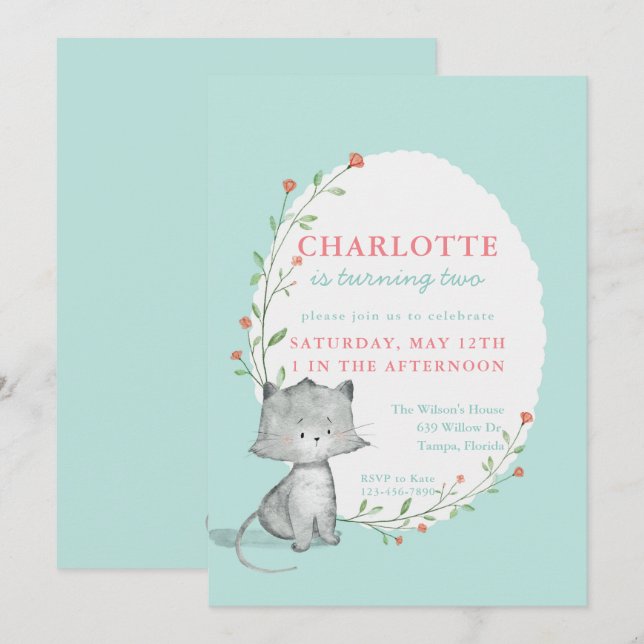 Invitación Fiesta de cumpleaños floral Verde azulada de Kitte (Anverso / Reverso)