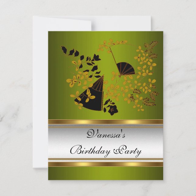 Invitación Fiesta de cumpleaños Floral Verde Oro Blanco Negro (Anverso)
