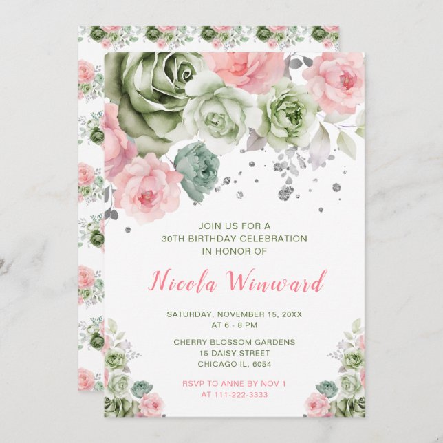 Invitación Fiesta de cumpleaños floral verde y rosa sabio (Anverso / Reverso)