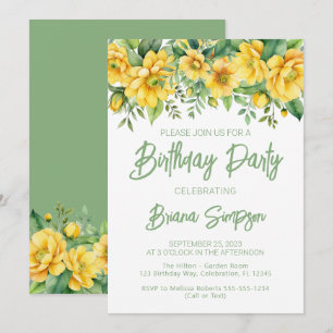 Invitación Fiesta de cumpleaños floral verde y salvia amarill