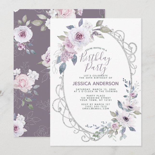 Invitación Fiesta de cumpleaños floral Violet Rosa (Anverso / Reverso)