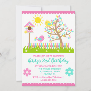 Invitación Fiesta de Cumpleaños Flores Árbol Verano Aves Invi