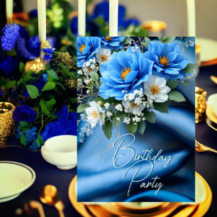 Invitación Fiesta de cumpleaños Flores azules de seda aliento