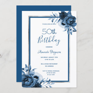 Invitación Fiesta de cumpleaños flores azules plata blanca