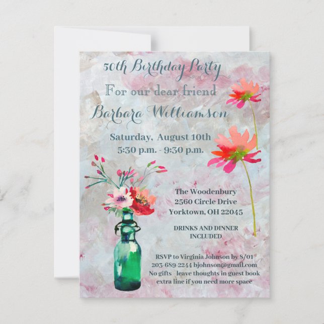 Invitación Fiesta de Cumpleaños Flores de acuarela de cualqui (Anverso)