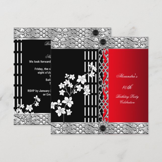 Invitación Fiesta de Cumpleaños Flores de Cerezo Rojas Negras (Anverso / Reverso)