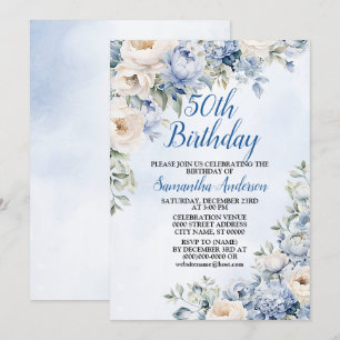 Invitación Fiesta de cumpleaños Flores de marfil de color azu