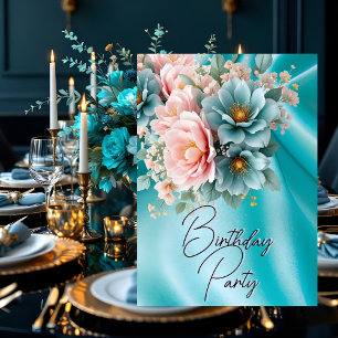 Invitación Fiesta de Cumpleaños Flores de Seda Azul Verdoso R