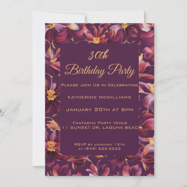 Invitación Fiesta de Cumpleaños-Flores Púrpura- (Anverso)