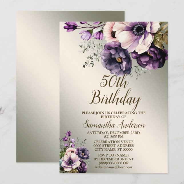 Invitación Fiesta de cumpleaños Flores Púrpuras rosadas Golde (Anverso / Reverso)