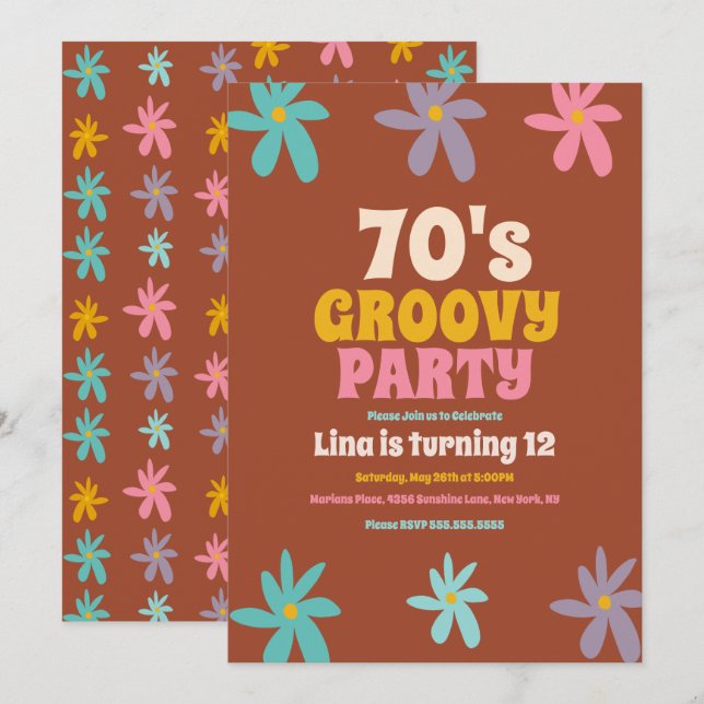 Invitación Fiesta de Cumpleaños Flores Retro Daisy Doodle Gro (Anverso / Reverso)