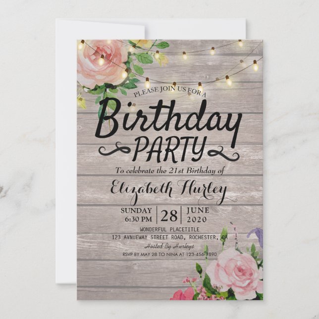 Invitación Fiesta de Cumpleaños Flores Rústicas de Madera Ilu (Anverso)