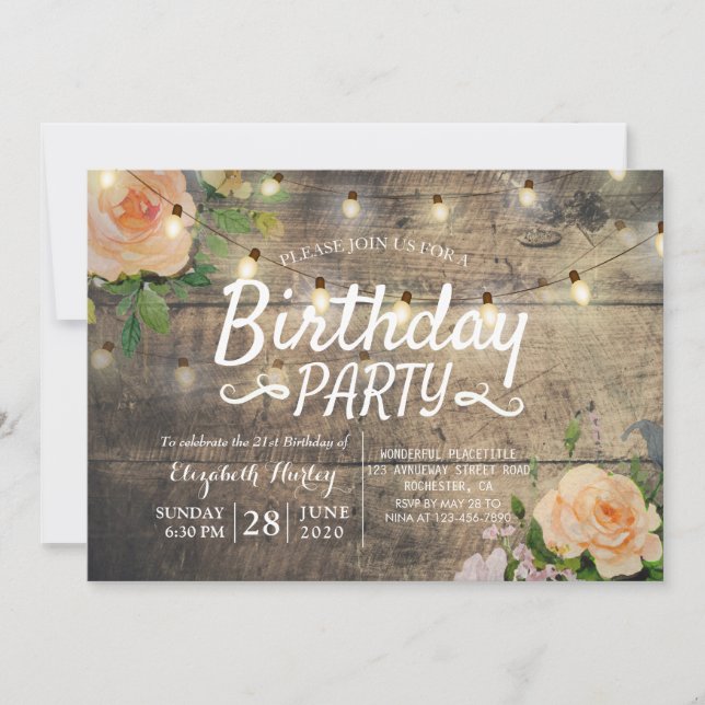 Invitación Fiesta de Cumpleaños Flores Rústicas de Madera Ilu (Anverso)