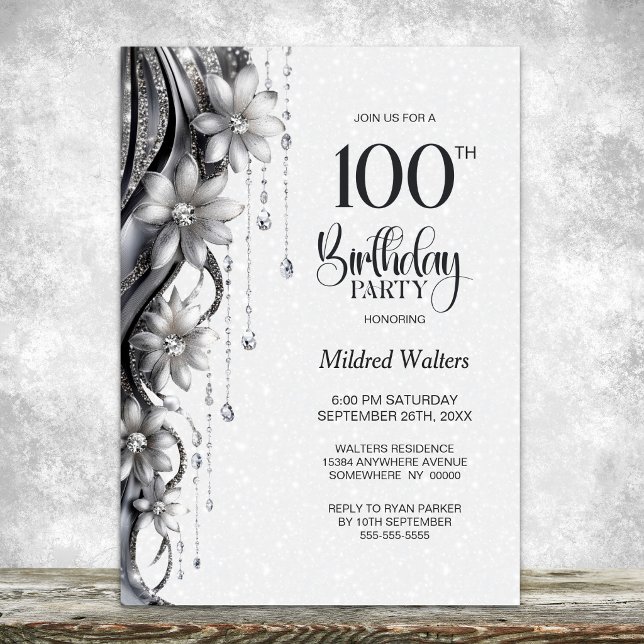Invitación Fiesta de Cumpleaños Flores y Diamantes 100 años (Subido por el creador)