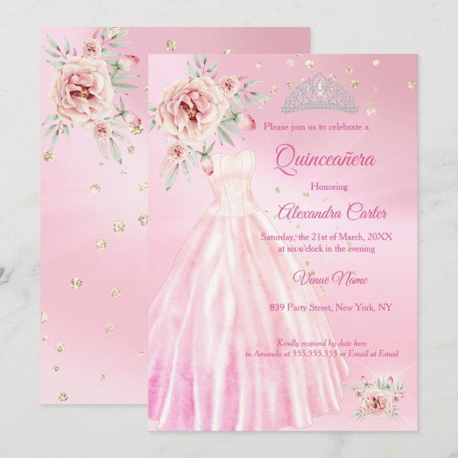 Invitación Fiesta de cumpleaños florido de Quinceanera Rosa T (Anverso / Reverso)