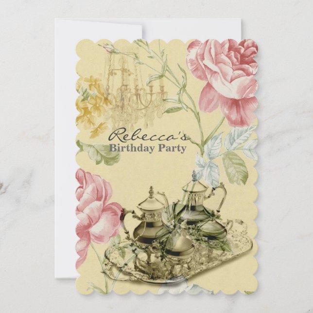 Invitación fiesta de cumpleaños florido y elegante para el té (Anverso)