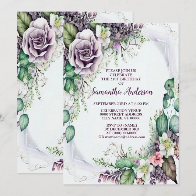Invitación Fiesta de cumpleaños Foliage Verde Morado Floral E (Anverso / Reverso)