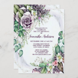 Invitación Fiesta de cumpleaños Foliage Verde Morado Floral E
