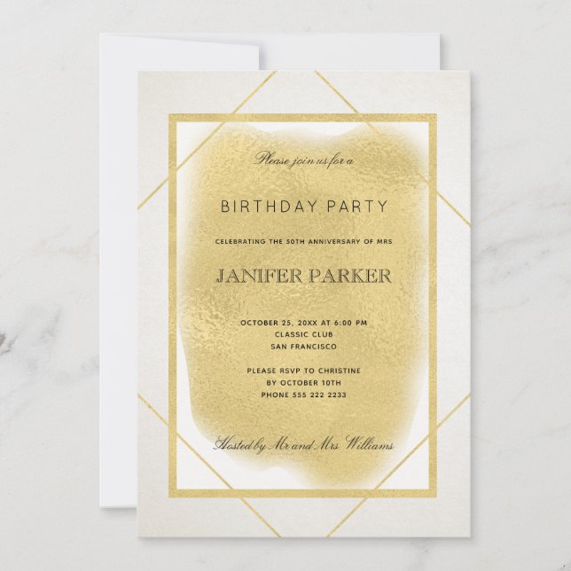 Invitación Fiesta de cumpleaños formal con marco de oro falso (Anverso)