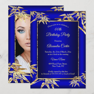 Invitación Fiesta de Cumpleaños foto Bambú Dorado Azul Real