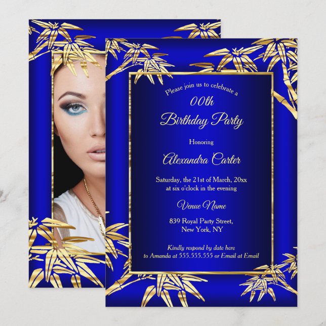 Invitación Fiesta de Cumpleaños foto Bambú Dorado Azul Real (Anverso / Reverso)