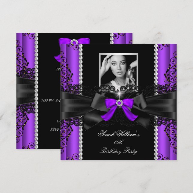 Invitación Fiesta de Cumpleaños Foto Encaje Negro Morado (Anverso / Reverso)