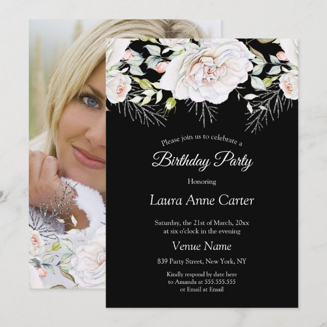 Invitación Fiesta de Cumpleaños Foto Floral Blanco Negro (Anverso / Reverso)