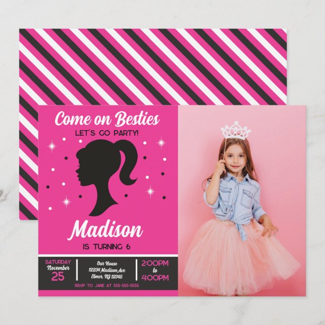 Invitación Fiesta de Cumpleaños Foto Moda Amigas Muñecas Rosa (Anverso / Reverso)
