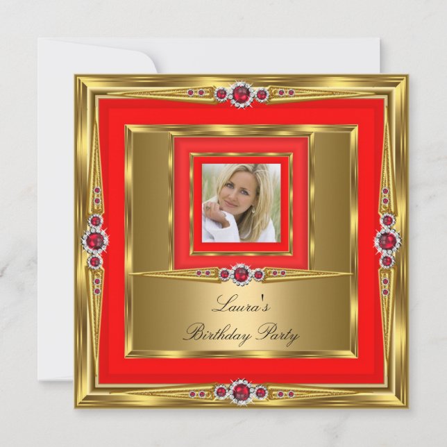 Invitación Fiesta de Cumpleaños Foto Perla Oro Rojo (Anverso)