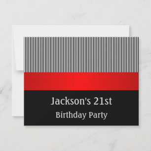 Invitación Fiesta de cumpleaños, franjas rojas en blanco y ne