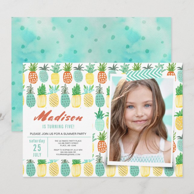 Invitación Fiesta de cumpleaños | Fruta de la piña | Invitaci (Anverso / Reverso)