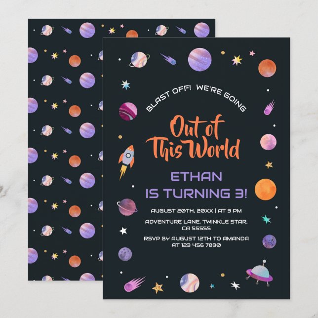 Invitación Fiesta de Cumpleaños Fuera de este Mundo Espacio E (Anverso / Reverso)
