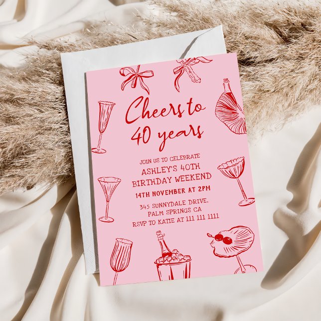 Invitación Fiesta de cumpleaños funky dibujada a mano rosa 40 (Subido por el creador)