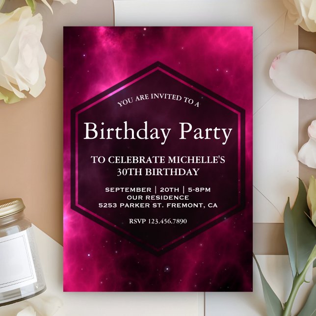 Invitación Fiesta de Cumpleaños Galaxia Espacial Rosa Moderno (Subido por el creador)