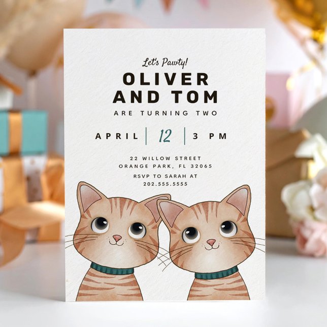 Invitación Fiesta de cumpleaños gemelos con dos gatitos lindo (Subido por el creador)
