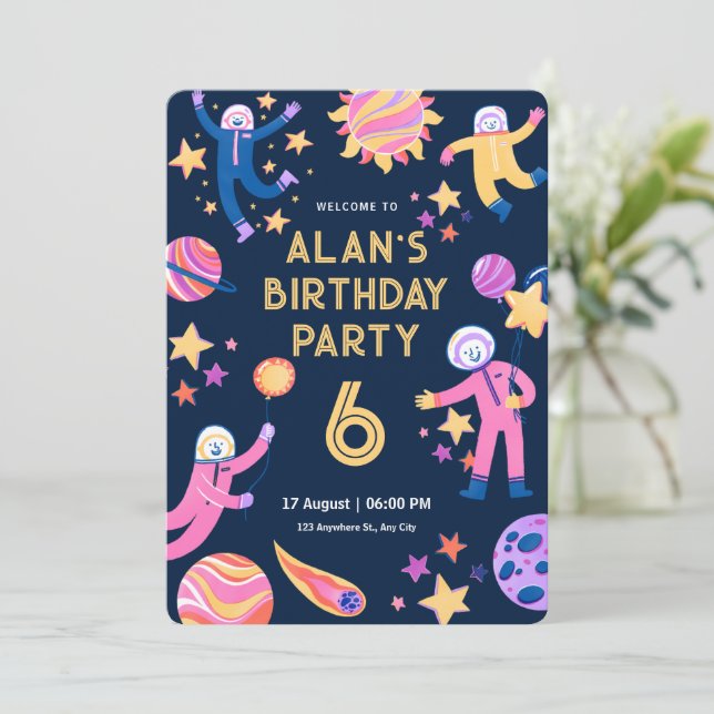 Invitación Fiesta de cumpleaños genial moderna simple espacio (Anverso de pie)