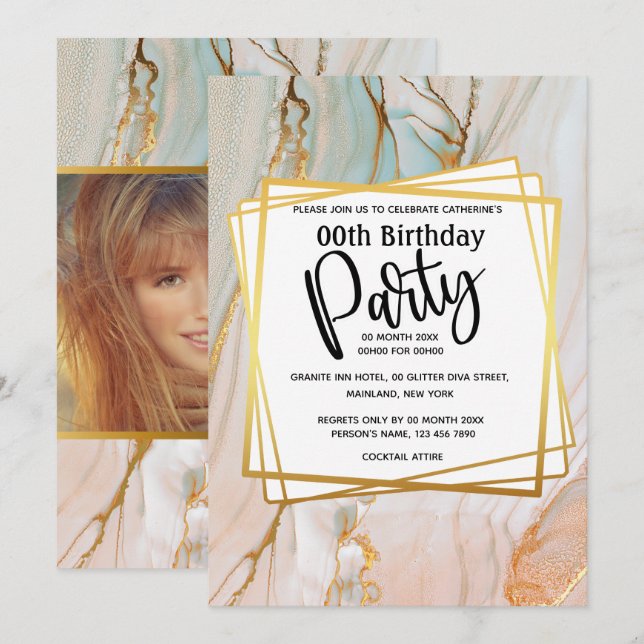 Invitación Fiesta de cumpleaños geométrica de granito de oro  (Anverso / Reverso)