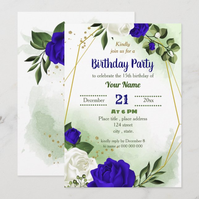 Invitación fiesta de cumpleaños geométrica floral azul real (Anverso / Reverso)