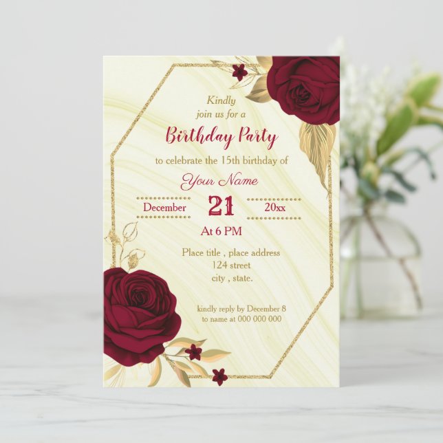 Invitación fiesta de cumpleaños geométrica floral de oro burd (Anverso de pie)
