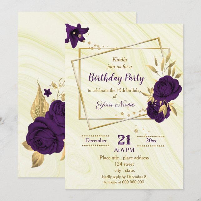 Invitación fiesta de cumpleaños geométrica floral de oro púrp (Anverso / Reverso)