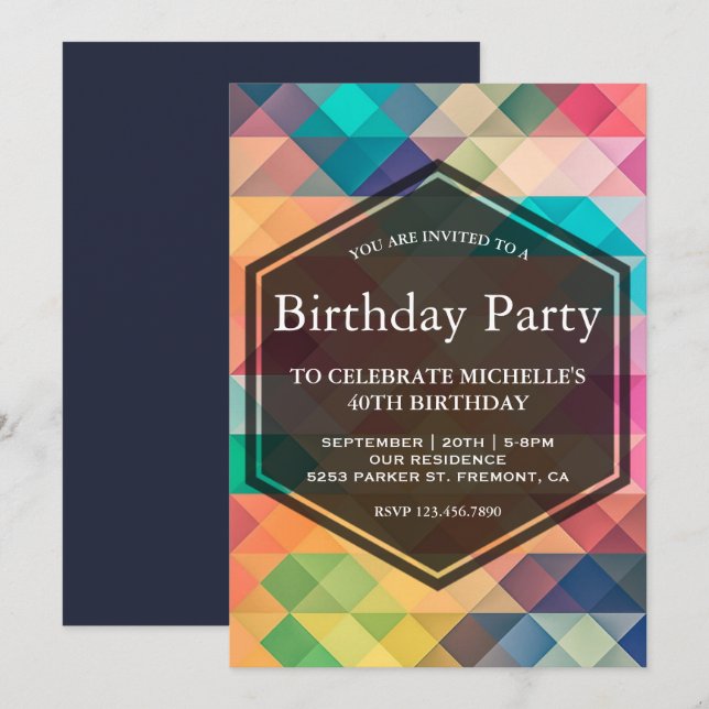 Invitación Fiesta de cumpleaños geométrica mosaico vibrante (Anverso / Reverso)