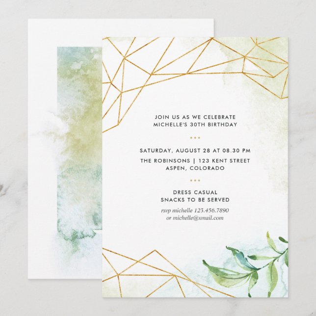 Invitación Fiesta de cumpleaños geométrico de acuarela (Anverso / Reverso)