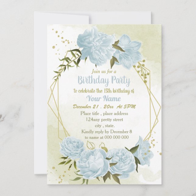 Invitación fiesta de cumpleaños geométrico de flores azules r (Anverso)